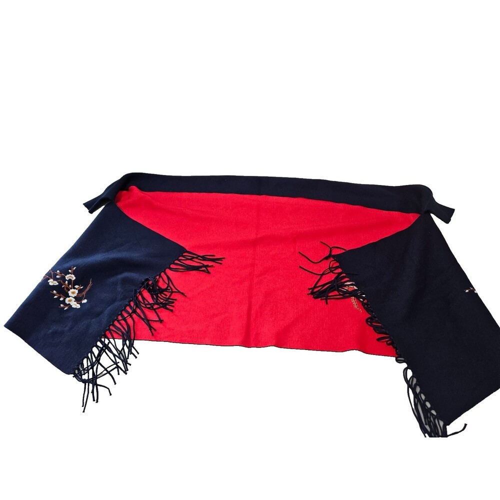 Floral Embroidered Shawl Women's One Size Red/Navy Reversible Fringed Wrap